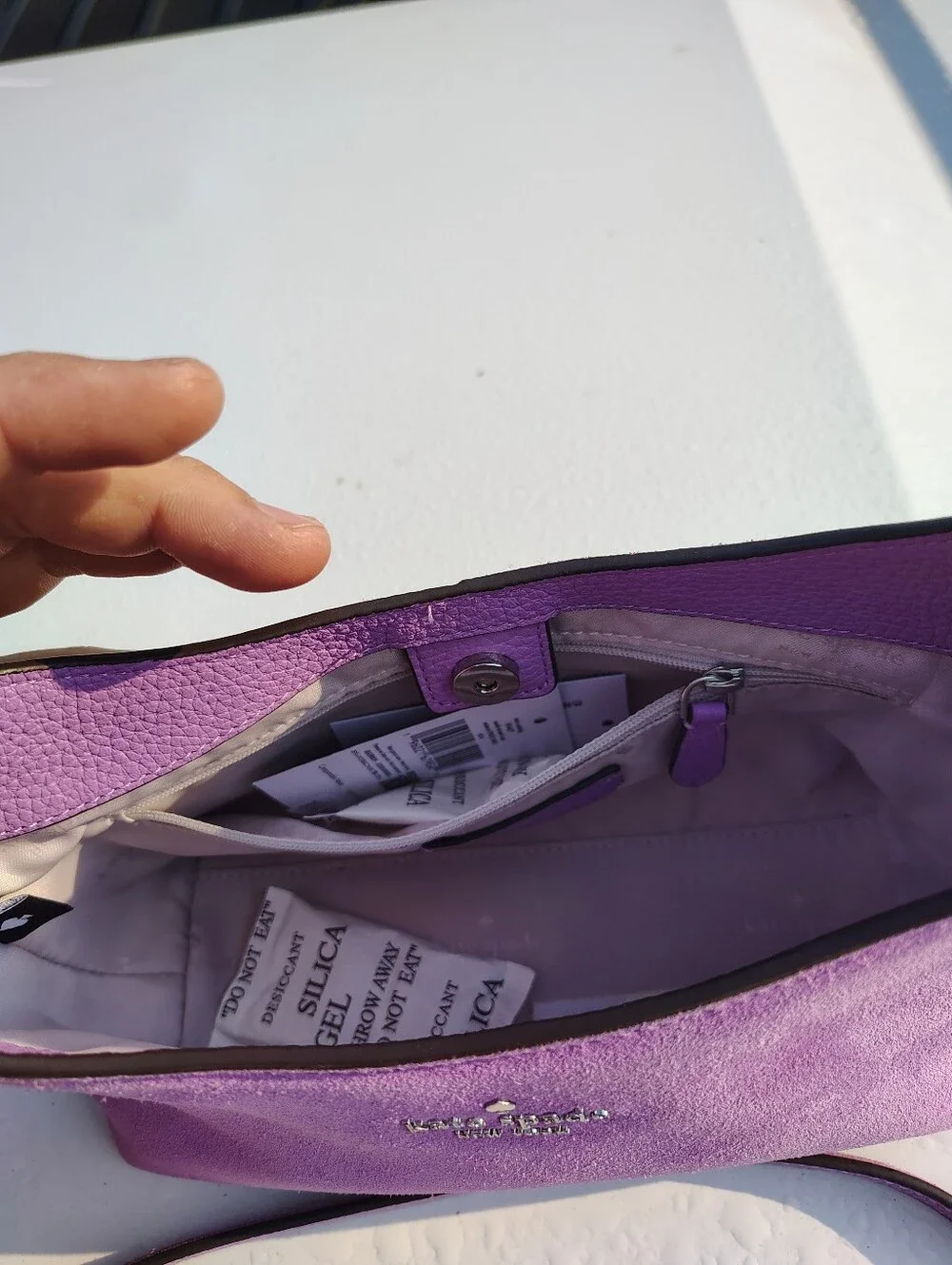 kate spade lavender suede shoulder bag with crystal fish charm